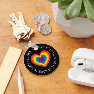 Love is Love LGBTQ Rainbow Heart on Black Keychain