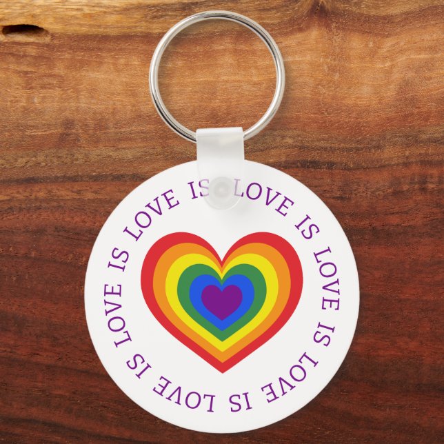 Love is Love LGBTQ Rainbow Heart on White Keychain (Front)
