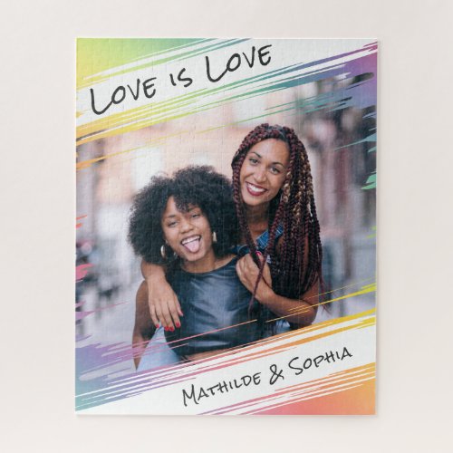 Love is Love Modern Rainbow Add Your Photo  Names Jigsaw Puzzle