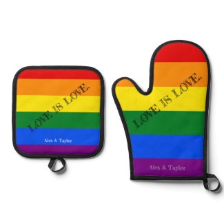 LOVE IS LOVE. Pride Month LGBT Rainbow Gay Flag Oven Mitt & Pot Holder Set