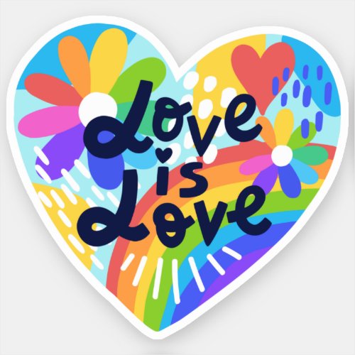 Love Is Love Rainbow and Flowers Heart Kiss Cut Sticker
