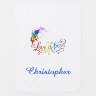 Love is Love Rainbow Feather Personalized Boy Baby Blanket