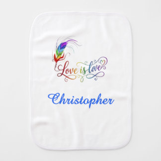 Love is Love Rainbow Feather Personalized Boy Burp Baby Burp Cloth