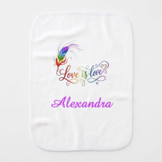 Love is Love Rainbow Feather Personalized Girl Bur Baby Burp Cloth