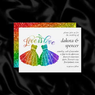 Love is Love   Rainbow Glitter Lesbian Wedding Invitation