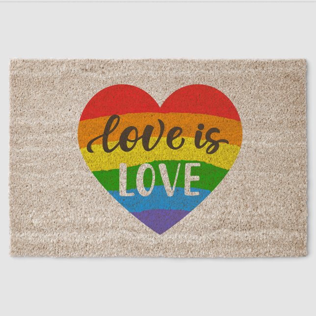 Love is Love Rainbow Heart Fiber Doormat (Front)