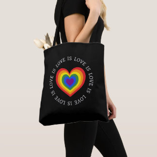 Love is Love Rainbow Heart LGBTQ Pride Black Tote Bag