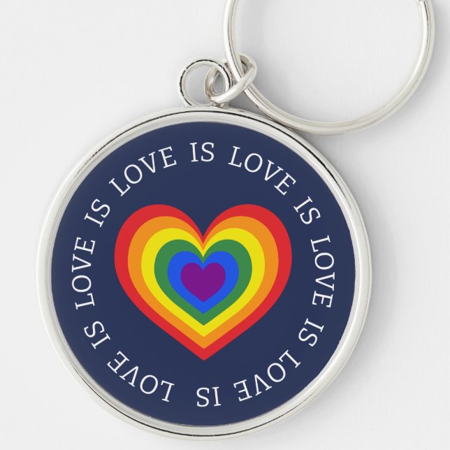Love is Love Rainbow Heart LGBTQ Pride Navy Blue Keychain (Front)