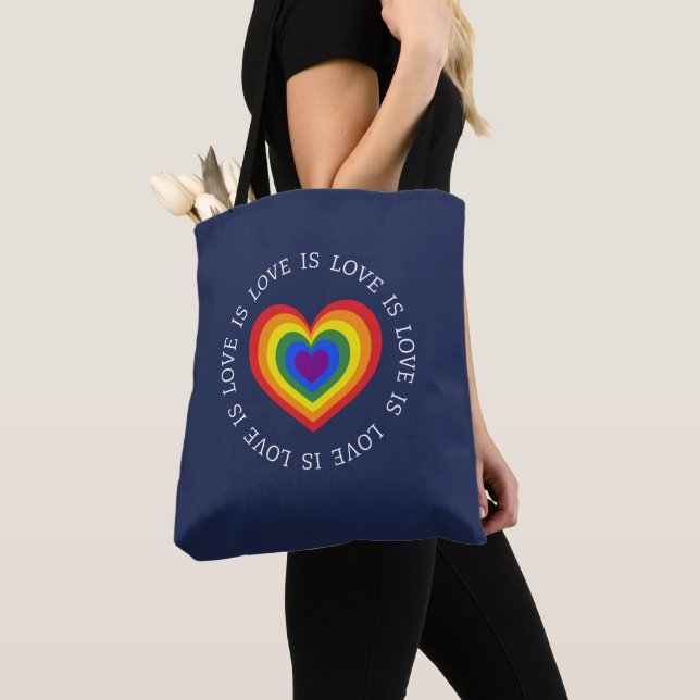 Love is Love Rainbow Heart LGBTQ Pride Navy Blue Tote Bag (Close Up)