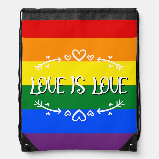 Love is Love Rainbow LGBTQ Pride Drawstring Bag (Front)
