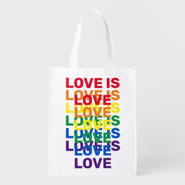 Love is love rainbow modern typography pattern grocery bag (Front)