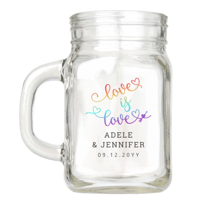 Love Is Love Rainbow Pride LGBT Wedding Mason Jar (Back)