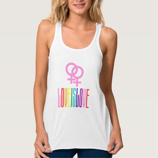 Love is Love Rainbow Text LGBTQ Lesbian Pride Tank Top (Front)