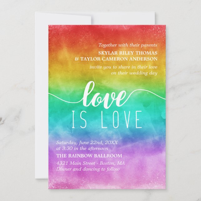 Love is Love Rainbow Watercolor Gay Wedding Invitation (Front)
