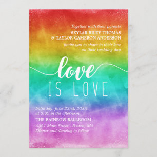 Love is Love Rainbow Watercolor Gay Wedding Invitation