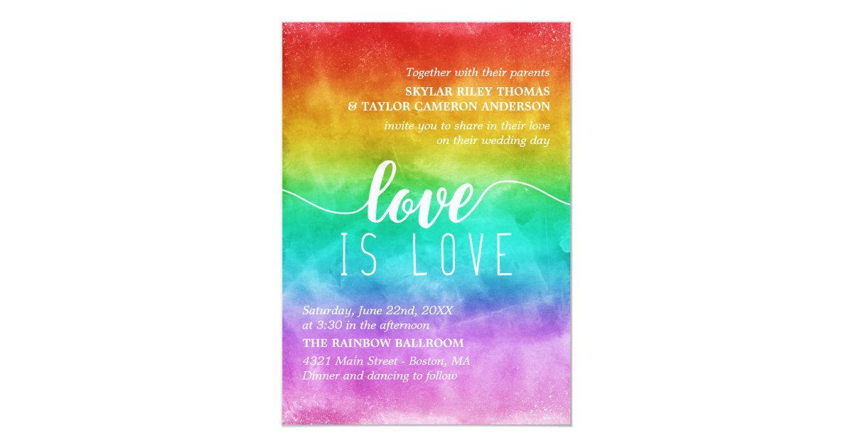 Love Is Love Rainbow Watercolor Gay Wedding Invitation