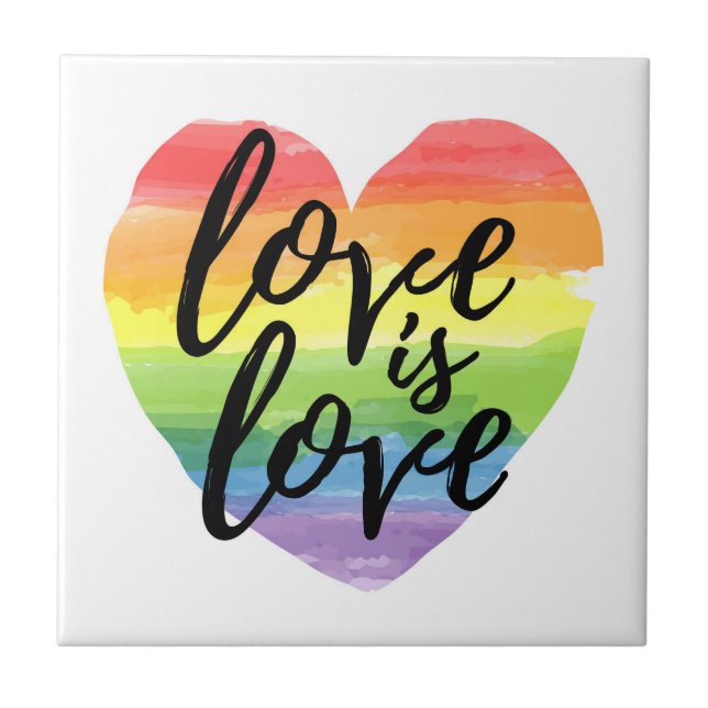 Love is Love | Rainbow Watercolor Heart Ceramic Tile (Front)