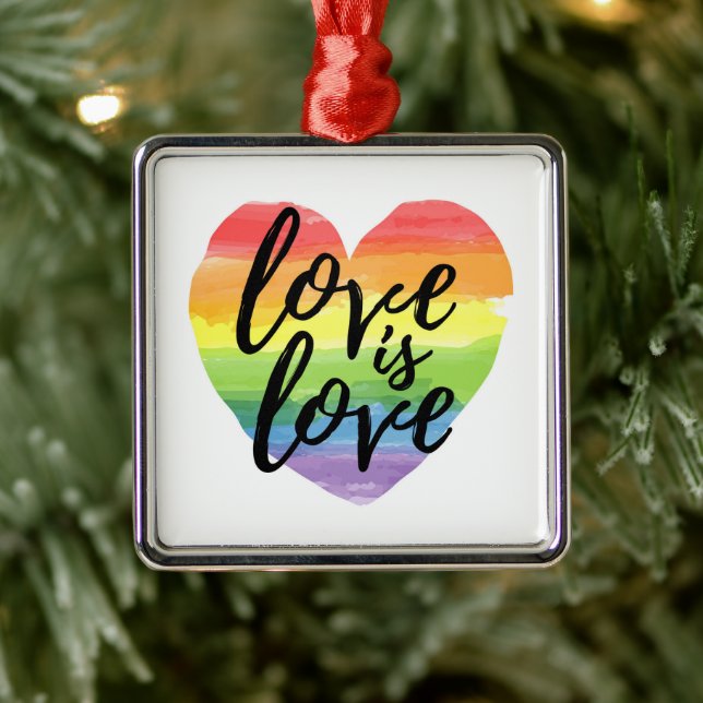 Love is Love | Rainbow Watercolor Heart Metal Ornament (Tree)