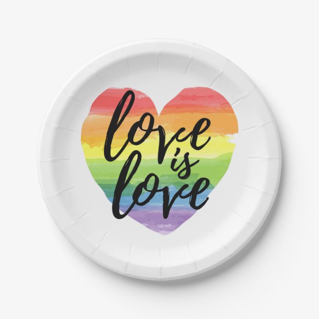 Love is Love | Rainbow Watercolor Heart Paper Plates (Front)