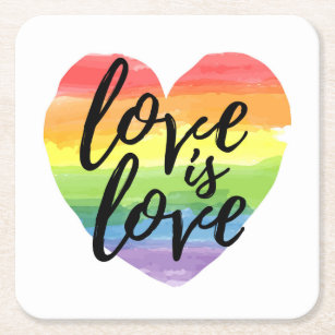Love is Love   Rainbow Watercolor Heart Square Paper Coaster