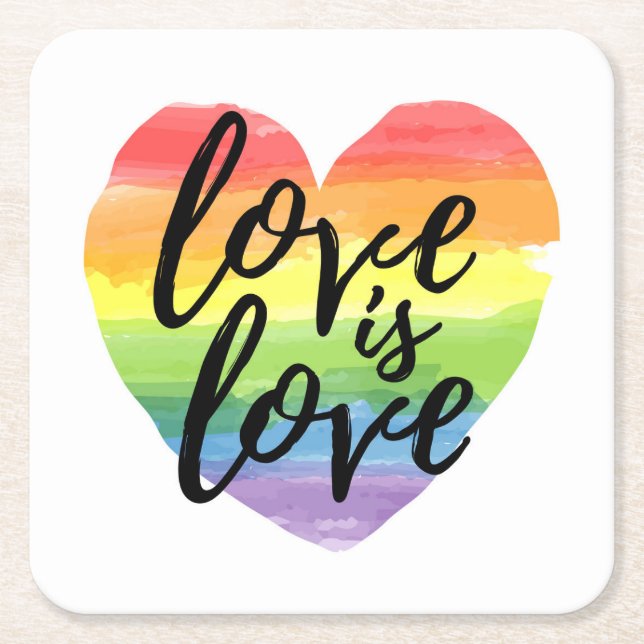 Love is Love | Rainbow Watercolor Heart Square Paper Coaster (Front)