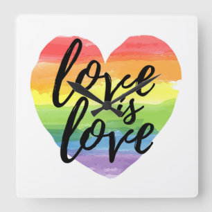 Love is Love   Rainbow Watercolor Heart Square Wall Clock