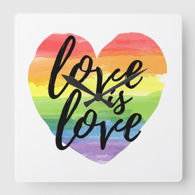 Love is Love | Rainbow Watercolor Heart Square Wall Clock (Front)