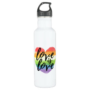 Love is Love Rainbow Watercolor Heart Stainless Steel Water Bottle