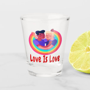LOVE IS LOVE RED FONTS TWO MEN RAINBOW BG SHOT GLASS