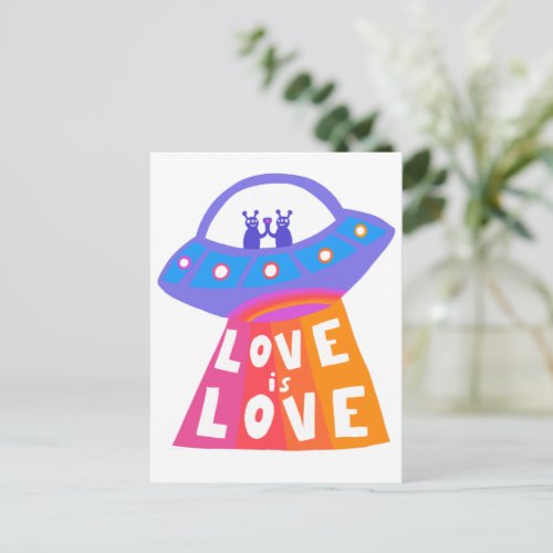 LOVE IS LOVE Spaceship Aliens Colorful Rainbow  Postcard