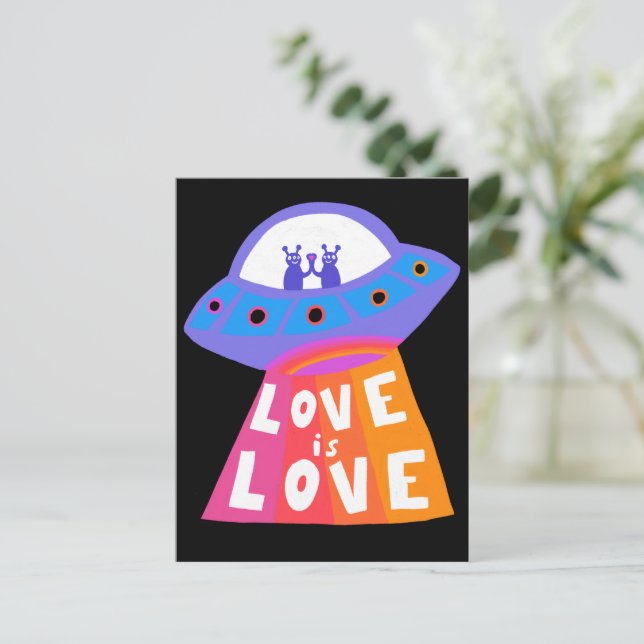 LOVE IS LOVE Spaceship Aliens Colorful Rainbow Postcard (Standing Front)