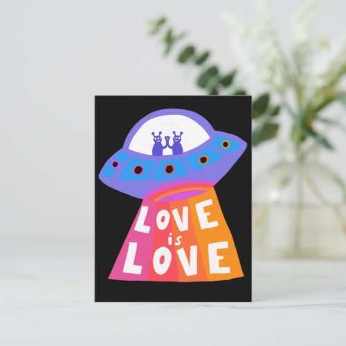 LOVE IS LOVE Spaceship Aliens Colorful Rainbow Postcard