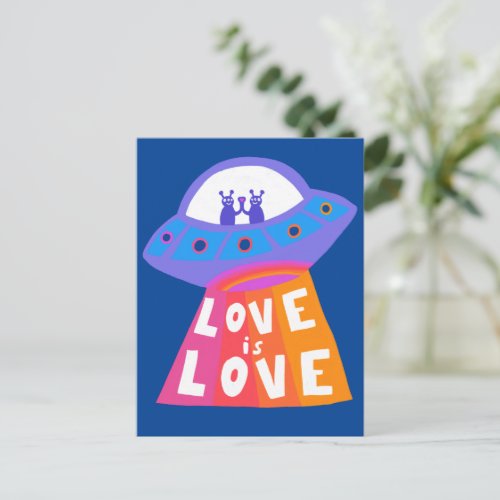 LOVE IS LOVE Spaceship Aliens Colorful Rainbow UFO Postcard