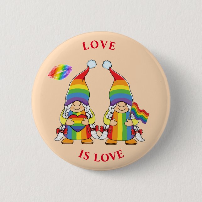 LOVE IS LOVE - Two Rainbow Girl Gnomes Button (Front)