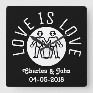 Love is Love Typography Gay Pride LGBT Black White Square Wall Clock