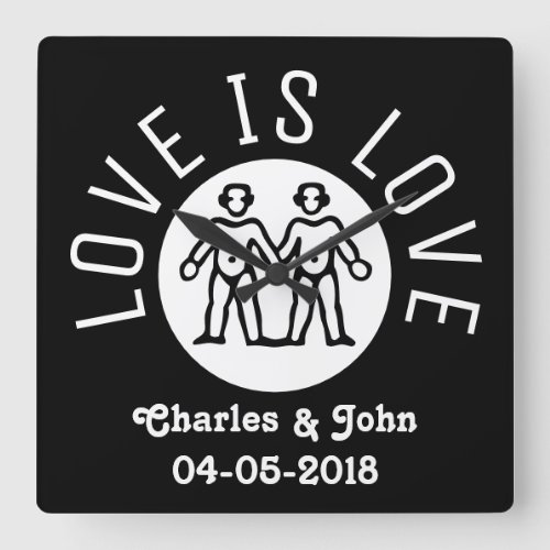 Love is Love Typography Gay Pride LGBT Black White Square Wall Clock