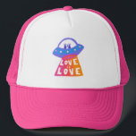LOVE IS LOVE UFO Cute Colorful Rainbow Pride Trucker Hat<br><div class="desc">Check out my shop for more pronouns, silly jokes, hiking, camping, vanlife, birds and lots more! You can also find this design on shirts, stickers, mugs, and buttons. Be sure to visit my shop for more designs too. Or if you'd like something custom please let me know. If you buy...</div>