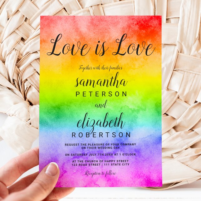 Love is love watercolor photo lesbian wedding invitation