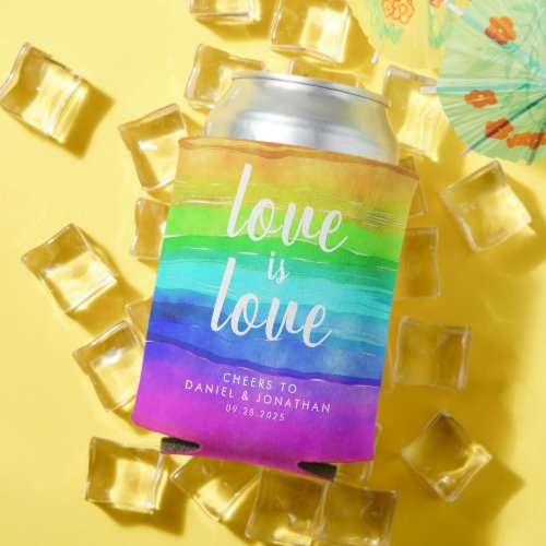 Love is Love Watercolor Pride Rainbow Can Cooler