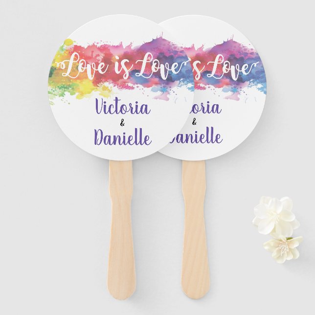 Love is Love watercolor Wedding Hand Fans (Front and Back)