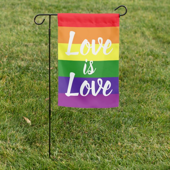 Love is Love White Script Rainbow Pride Garden Flag (In SItu)