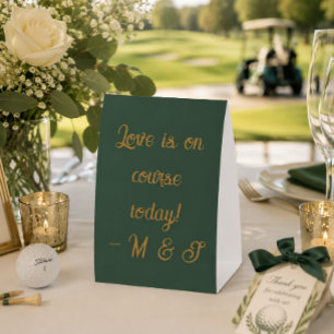 “Love is on course today!” Forest Green & Copper Paper Table Tent