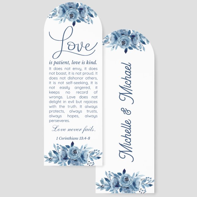 Love is Patient 1 Cor 13 Personalize Blue Floral Bookmarks (Front & Back)