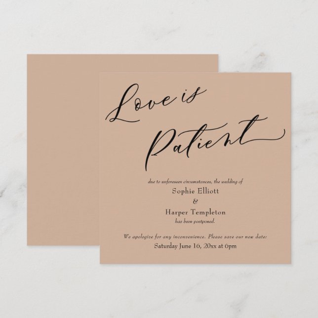 Love is Patient Almond Postponed Wedding Card (Front/Back)