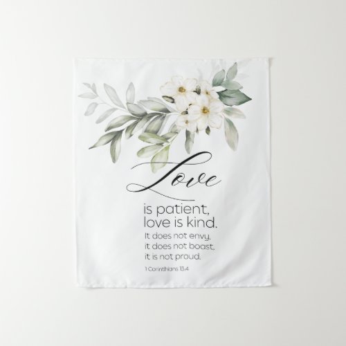 Love is Patient Bible Verse White Floral Christian Tapestry