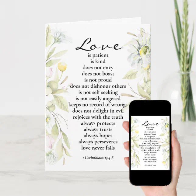 Love is Patient Bible Verse White Floral Wedding Card Zazzle
