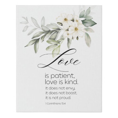 Love is Patient Bible Verse White Floral Wedding Faux Canvas Print
