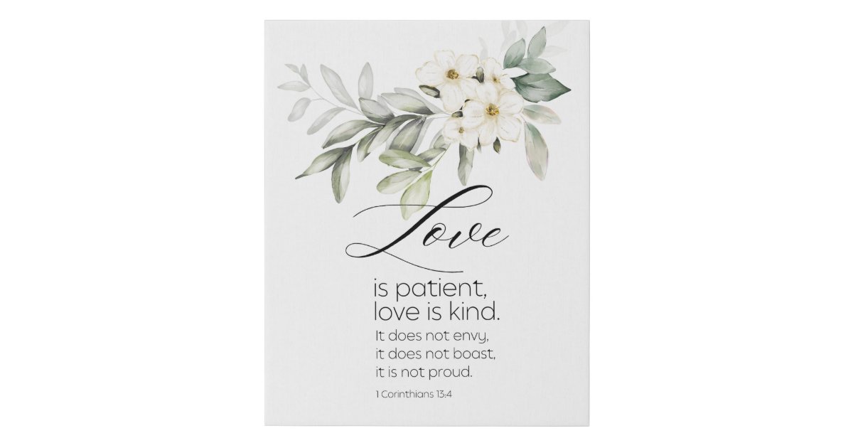 Love is Patient Bible Verse White Floral Wedding Faux Canvas Print | Zazzle