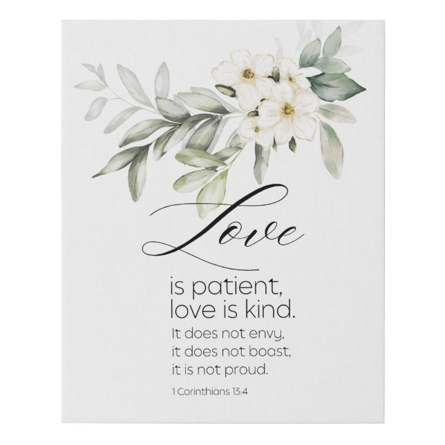 Love is Patient Bible Verse White Floral Wedding Faux Canvas Print (Front)