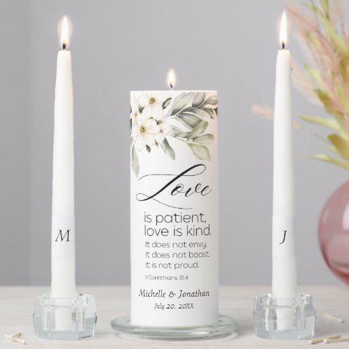 Love is Patient Bible Verse White Floral Wedding Unity Candle Set